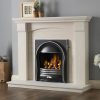 Curved black and metal fireplace set into limestone surround